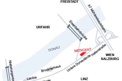 Karte zur Anfahrt zur Cardiomed Linz (Lokale Straßenkarte für die Umgebung der Cardiomed Linz. Farblich weiß und hellblau gehalten. Die Cardiomed rot markiert.)